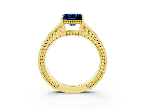 Yellow gold Princess Cut Blue Sapphire Engagement Ring with Milgrain Channel Set Band and Prong Setting_3