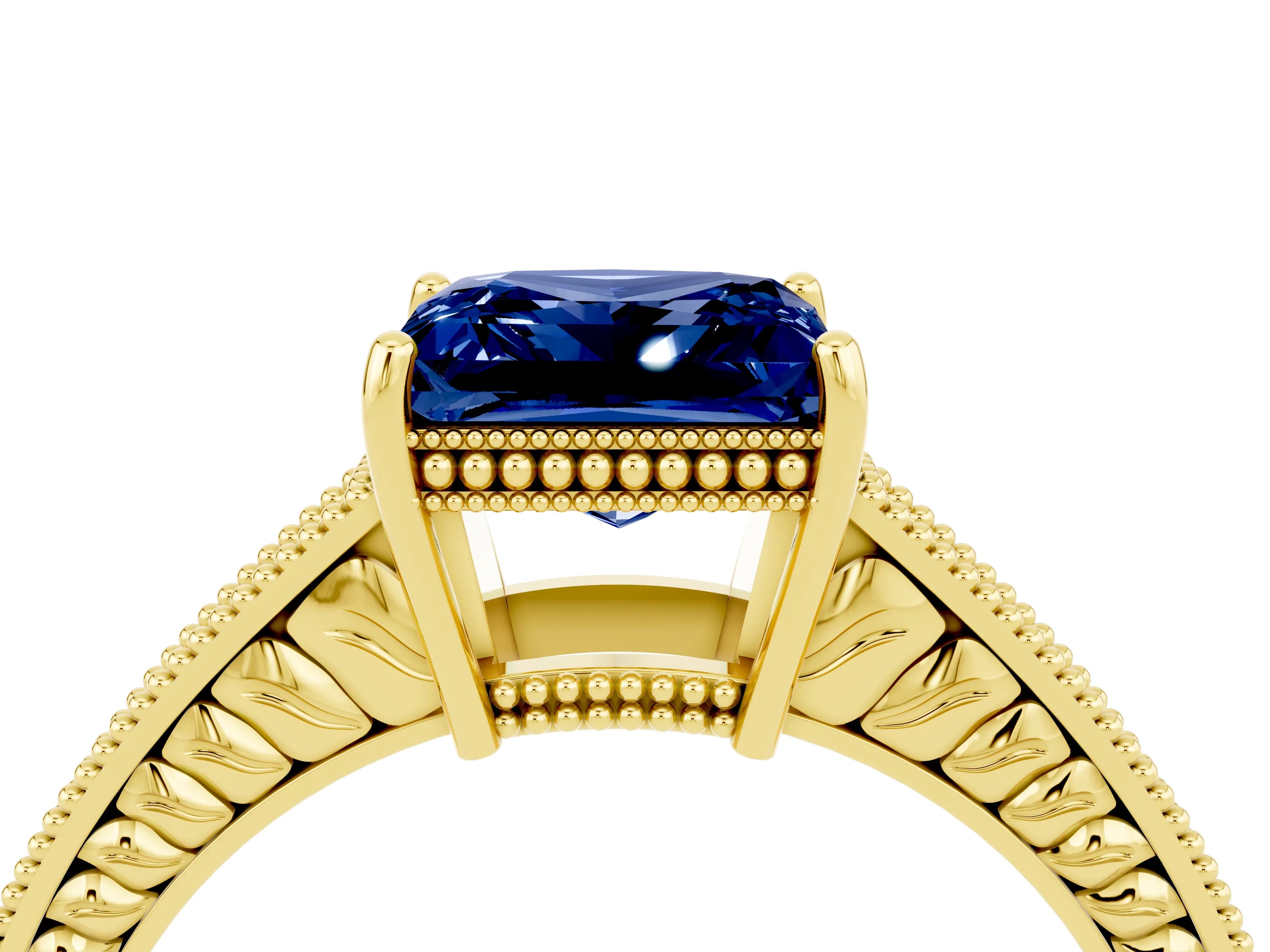Yellow gold Princess Cut Blue Sapphire Engagement Ring with Milgrain Channel Set Band and Prong Setting_4