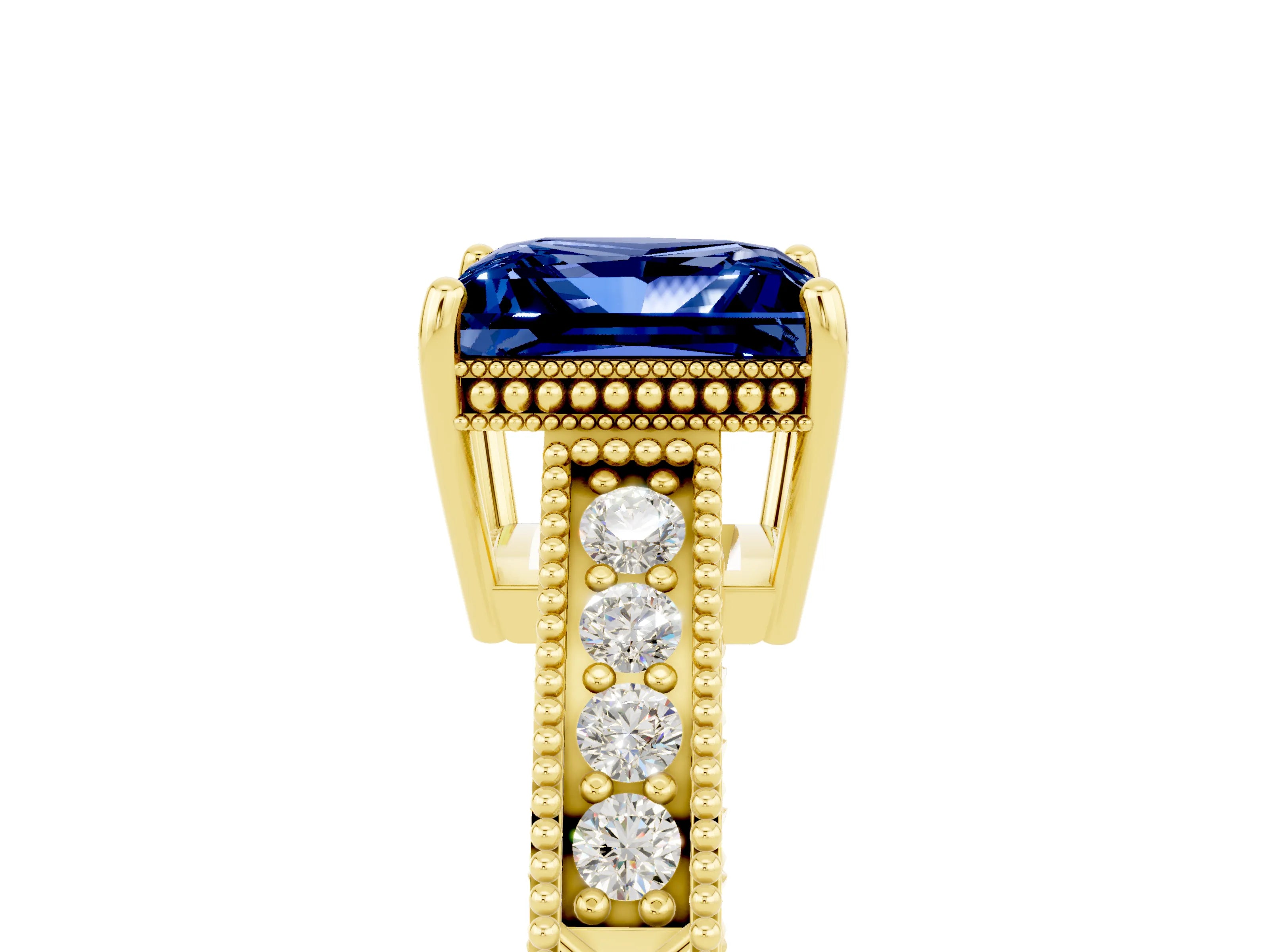 Yellow gold Princess Cut Blue Sapphire Engagement Ring with Milgrain Channel Set Band and Prong Setting_5