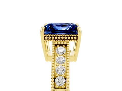 Yellow gold Princess Cut Blue Sapphire Engagement Ring with Milgrain Channel Set Band and Prong Setting_5
