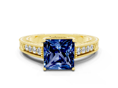 Yellow gold Princess Cut Blue Sapphire Engagement Ring with Milgrain Channel Set Band and Prong Setting