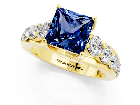 Yellow gold Princess Cut Blue Sapphire Engagement Ring with Pavé Band and Four-Prong Setting_1