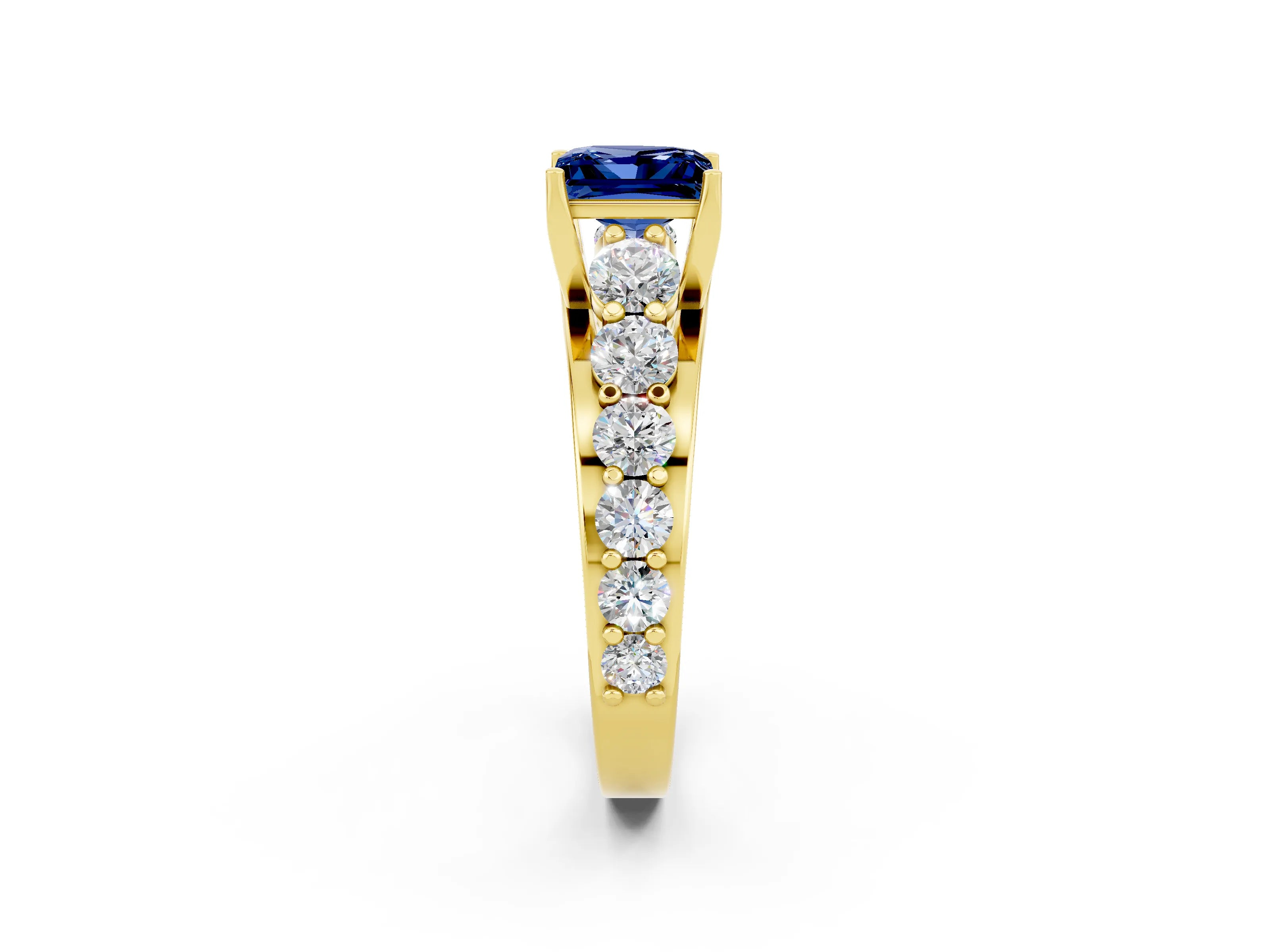 Yellow gold Princess Cut Blue Sapphire Engagement Ring with Pavé Band and Four-Prong Setting_2