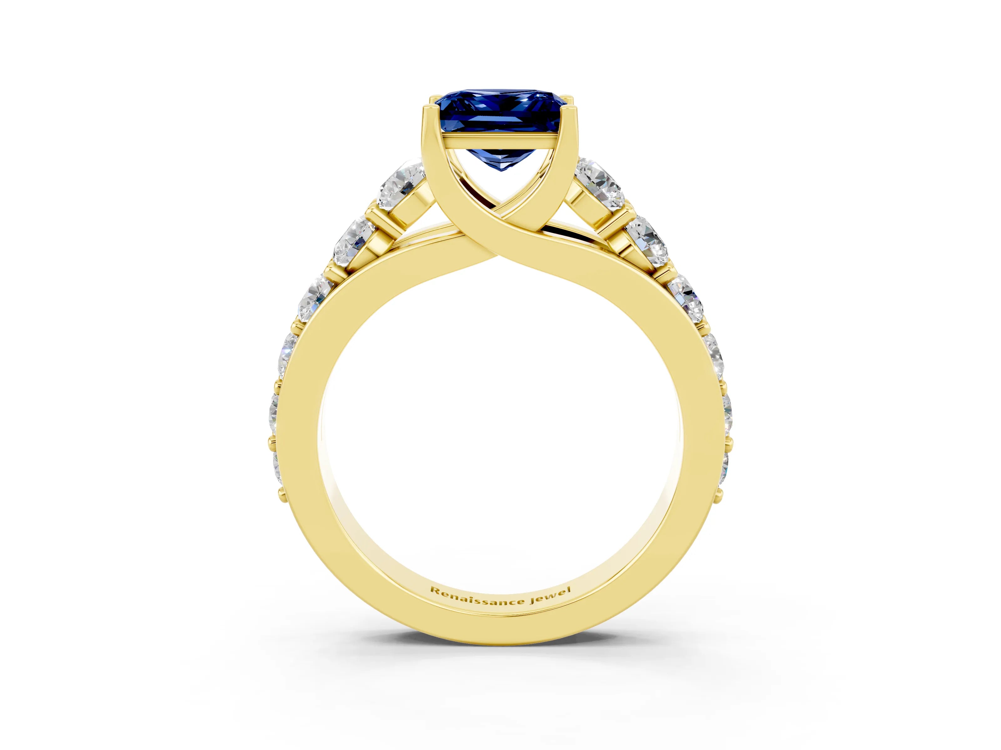 Yellow gold Princess Cut Blue Sapphire Engagement Ring with Pavé Band and Four-Prong Setting_3
