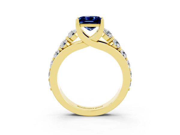 Yellow gold Princess Cut Blue Sapphire Engagement Ring with Pavé Band and Four-Prong Setting