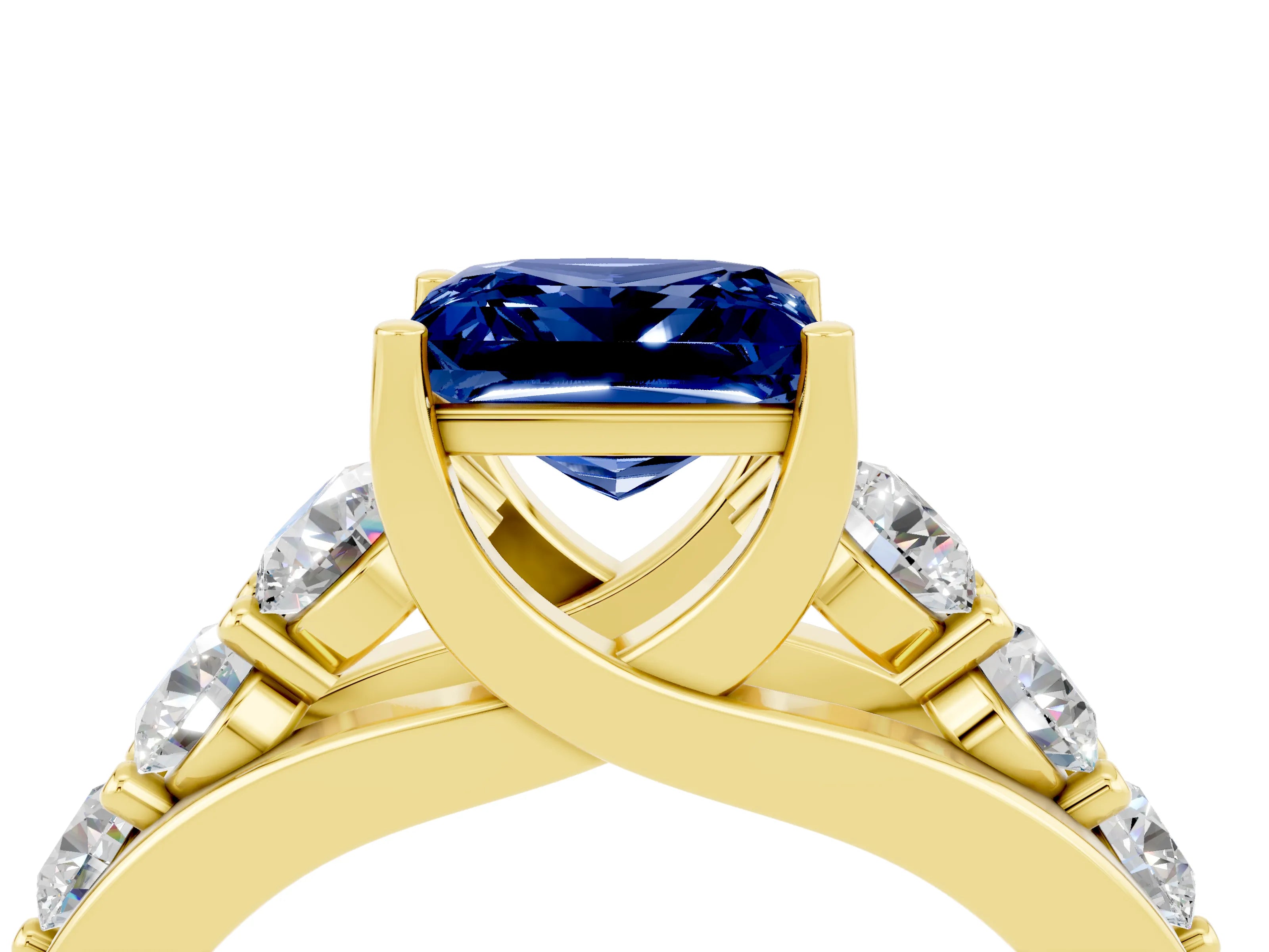 Yellow gold Princess Cut Blue Sapphire Engagement Ring with Pavé Band and Four-Prong Setting_4