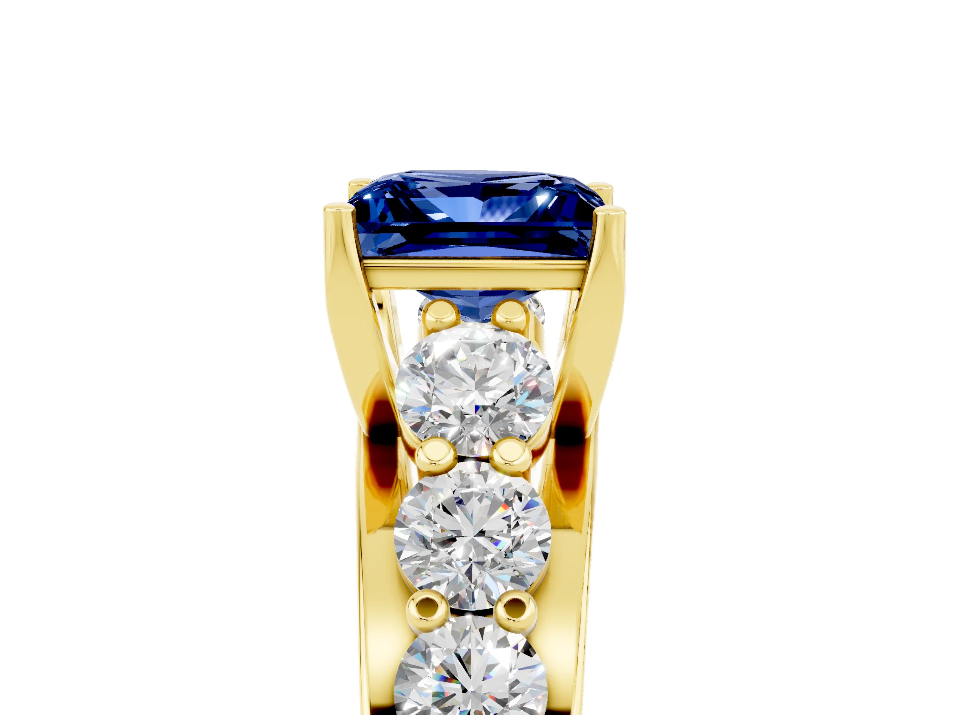 Yellow gold Princess Cut Blue Sapphire Engagement Ring with Pavé Band and Four-Prong Setting_5