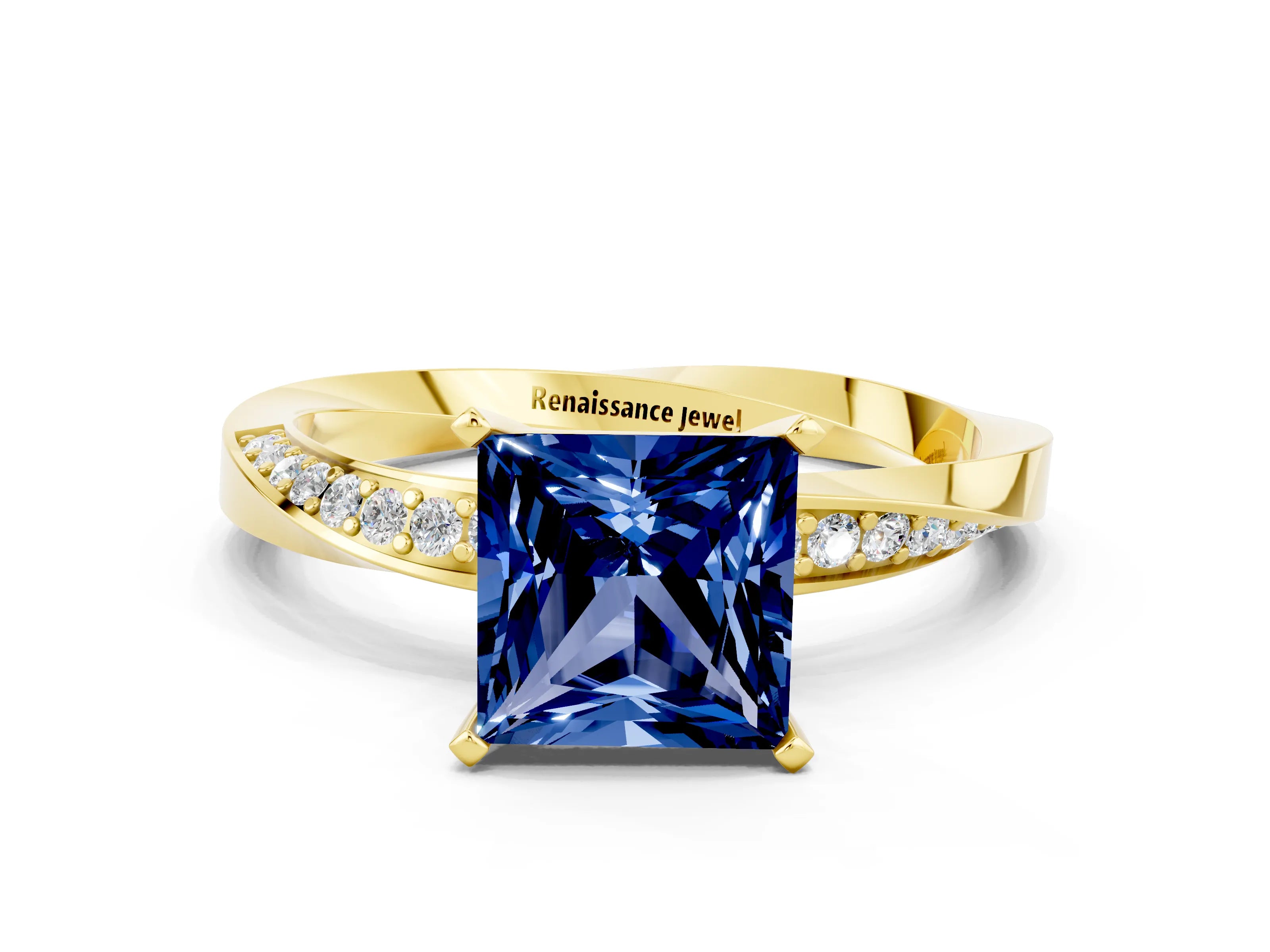 Yellow gold Princess Cut Blue Sapphire Engagement Ring with Side Stone Accents and Four-Prong Setting_39