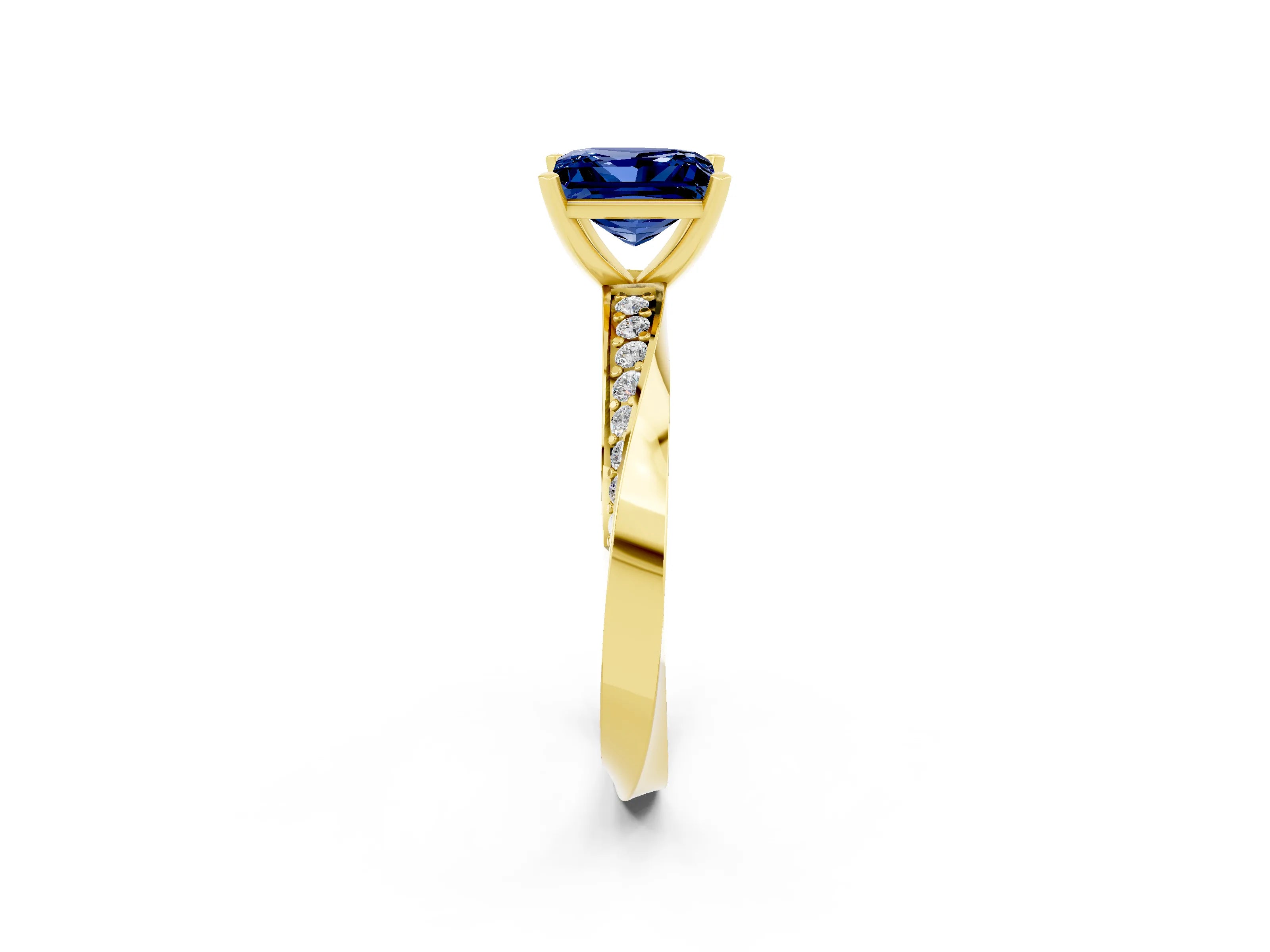 Yellow gold Princess Cut Blue Sapphire Engagement Ring with Side Stone Accents and Four-Prong Setting_41