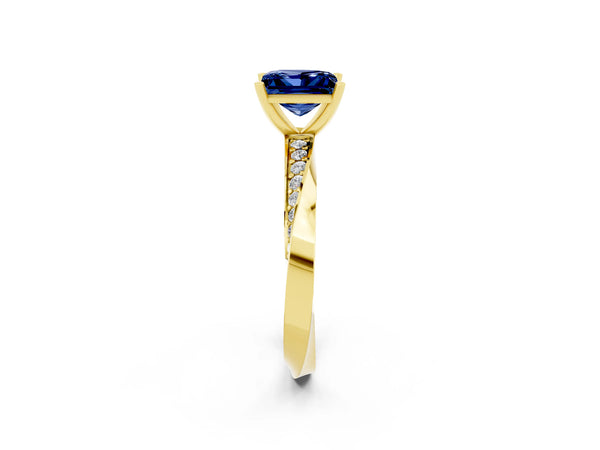 Yellow gold Princess Cut Blue Sapphire Engagement Ring with Side Stone Accents and Four-Prong Setting