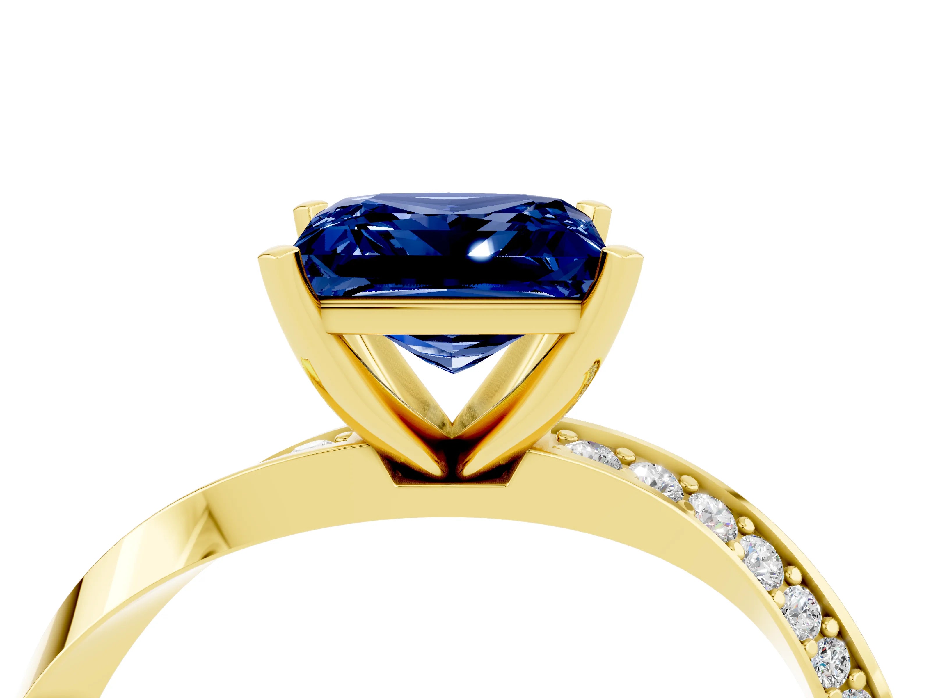 Yellow gold Princess Cut Blue Sapphire Engagement Ring with Side Stone Accents and Four-Prong Setting_43