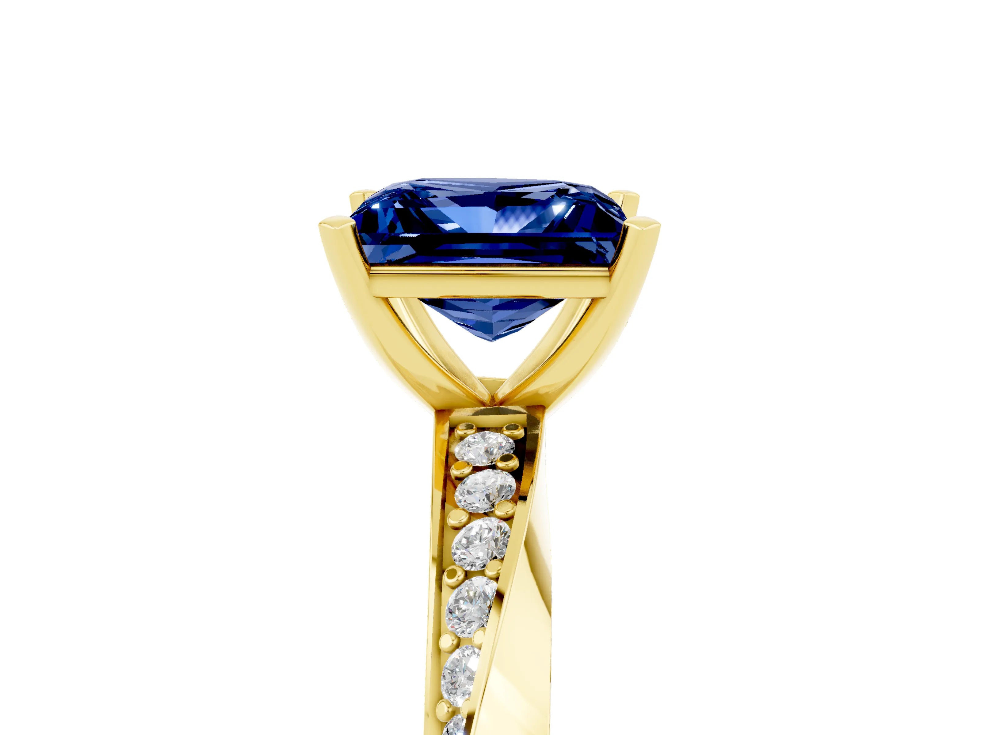Yellow gold Princess Cut Blue Sapphire Engagement Ring with Side Stone Accents and Four-Prong Setting_44