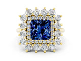 Yellow gold Princess Cut Blue Sapphire Floral Double Halo Engagement Ring with Prong Setting_72