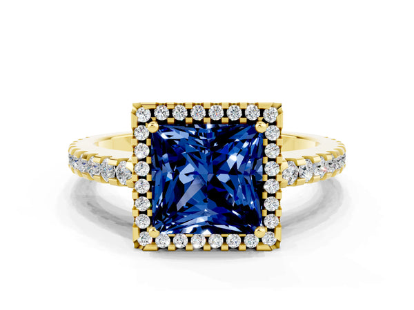 Yellow gold Princess Cut Blue Sapphire Halo Engagement Ring with Pavé Band and Prong Setting