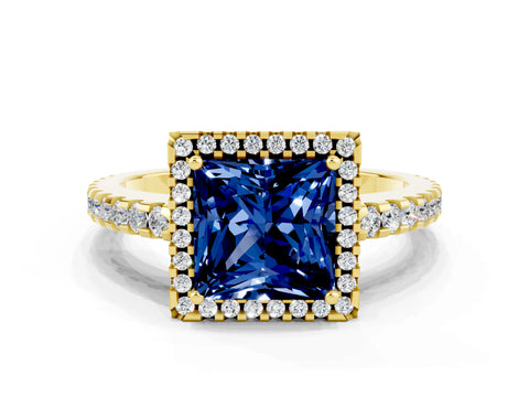 Yellow gold Princess Cut Blue Sapphire Halo Engagement Ring with Pavé Band and Prong Setting_12