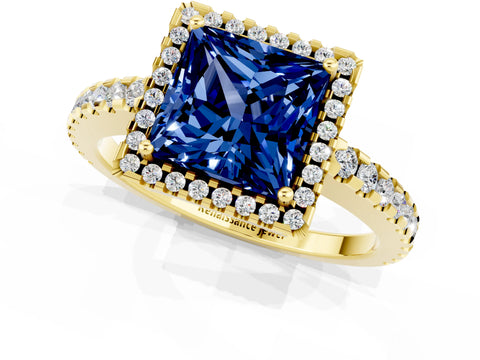Yellow gold Princess Cut Blue Sapphire Halo Engagement Ring with Pavé Band and Prong Setting_13