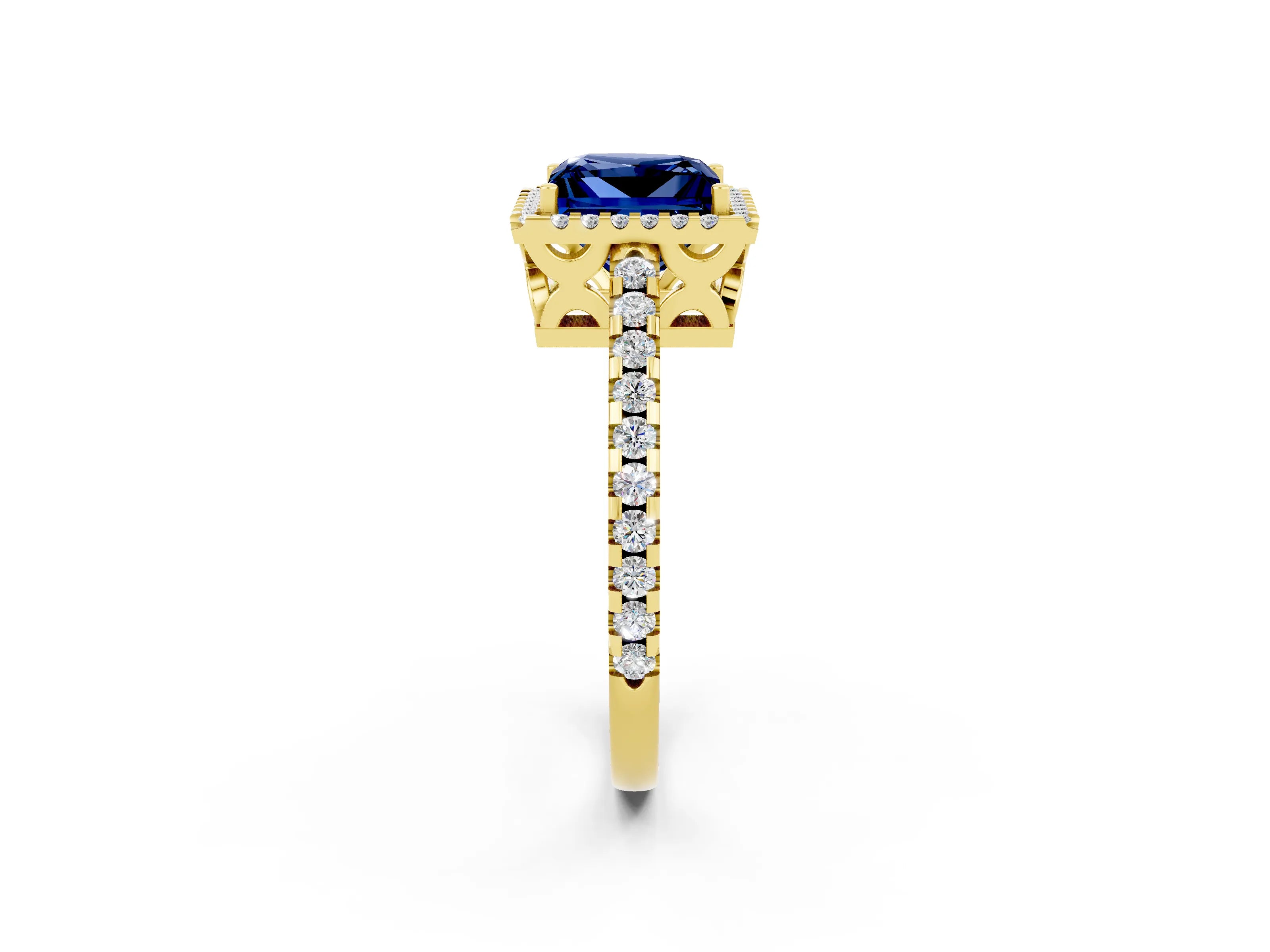 Yellow gold Princess Cut Blue Sapphire Halo Engagement Ring with Pavé Band and Prong Setting_14