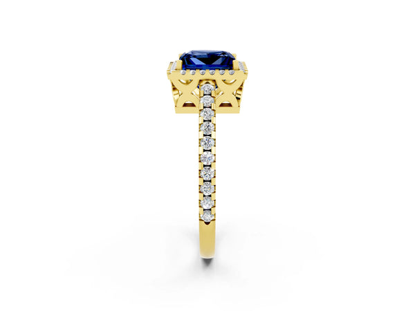 Yellow gold Princess Cut Blue Sapphire Halo Engagement Ring with Pavé Band and Prong Setting