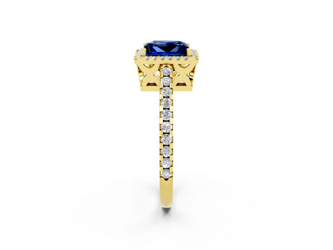 Yellow gold Princess Cut Blue Sapphire Halo Engagement Ring with Pavé Band and Prong Setting_14