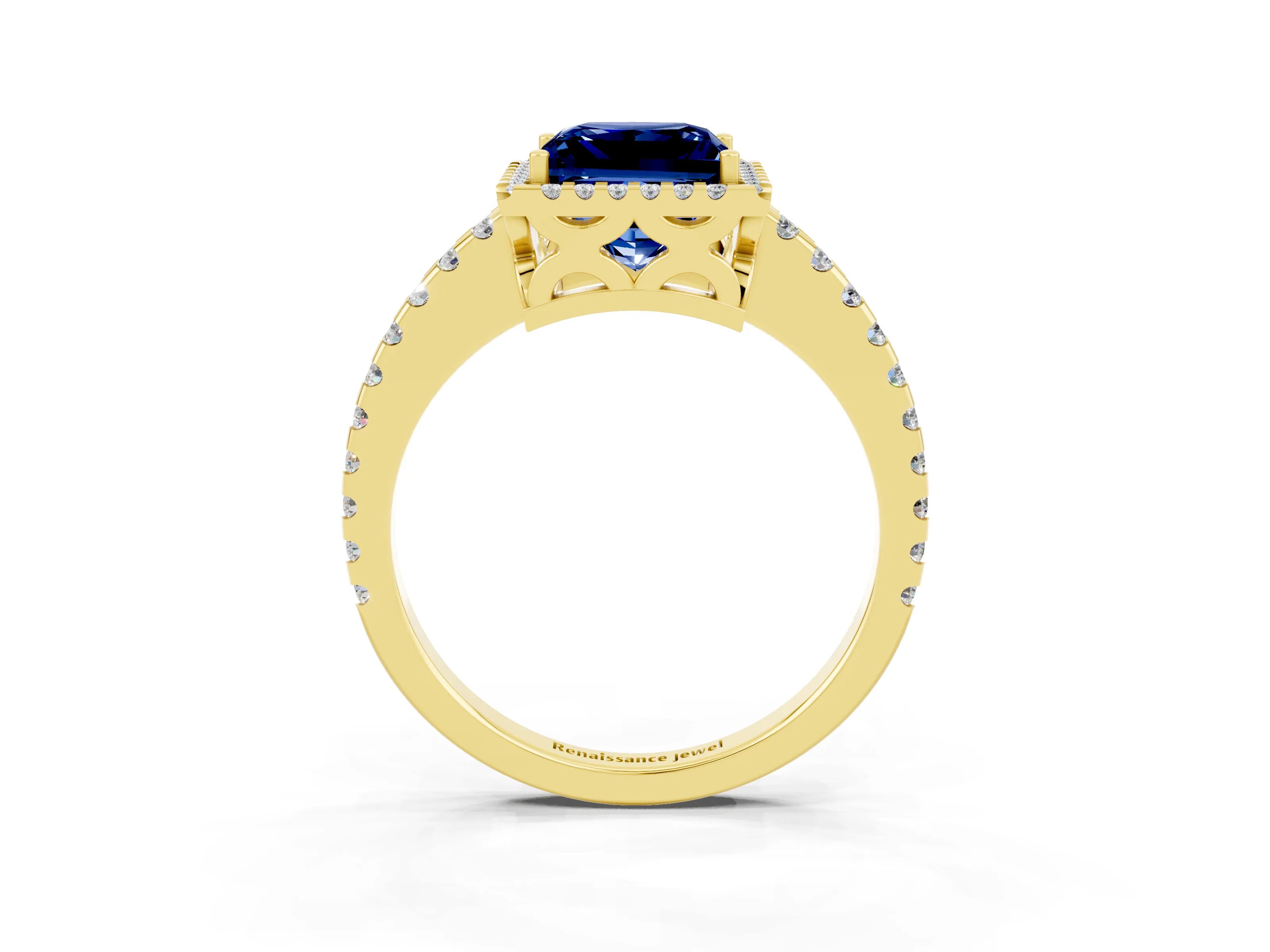 Yellow gold Princess Cut Blue Sapphire Halo Engagement Ring with Pavé Band and Prong Setting_15
