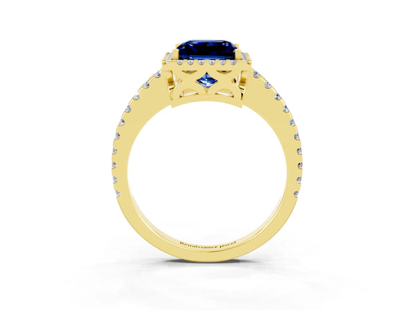 Yellow gold Princess Cut Blue Sapphire Halo Engagement Ring with Pavé Band and Prong Setting