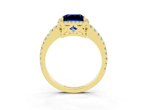 Yellow gold Princess Cut Blue Sapphire Halo Engagement Ring with Pavé Band and Prong Setting_15