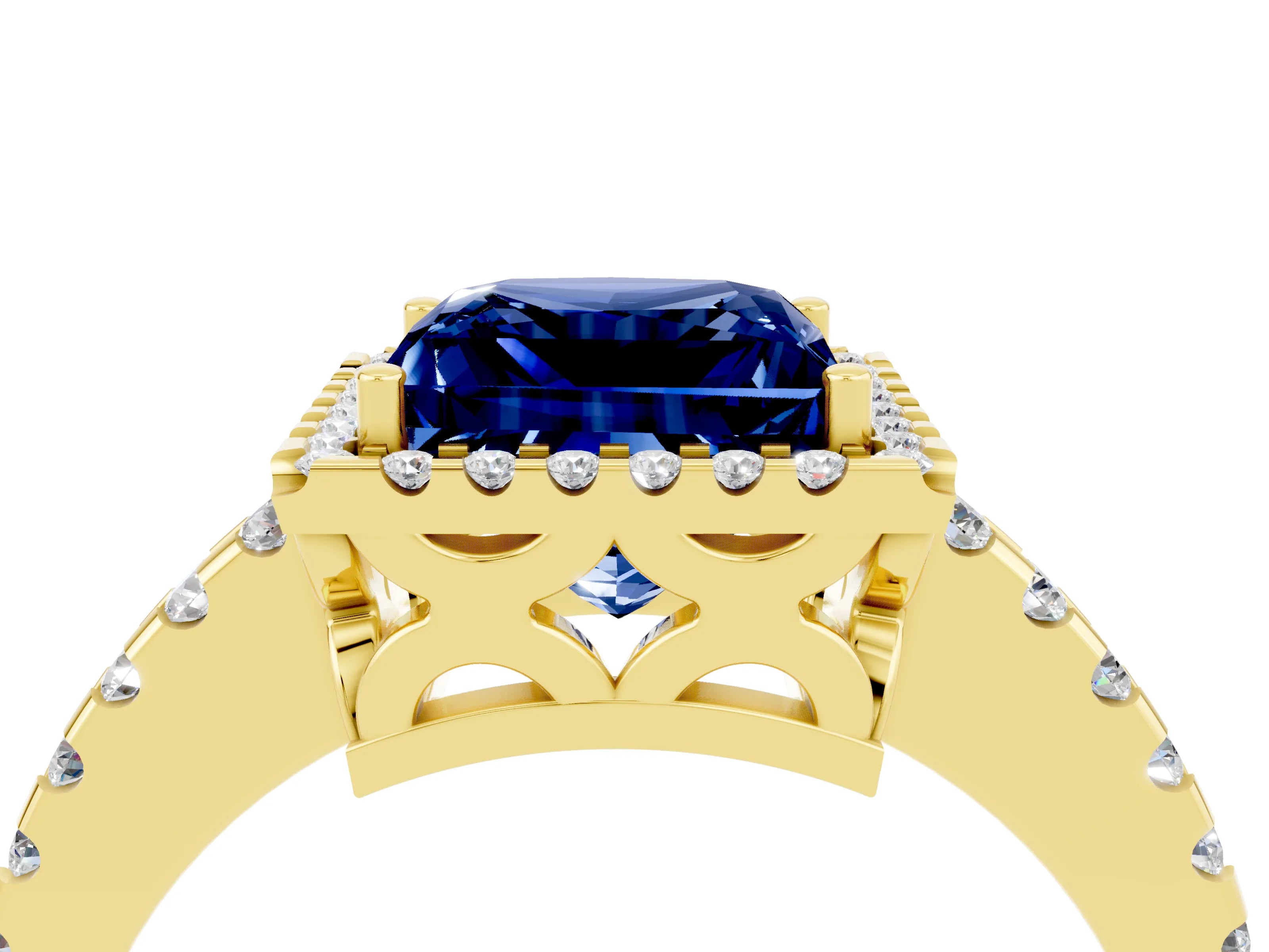 Yellow gold Princess Cut Blue Sapphire Halo Engagement Ring with Pavé Band and Prong Setting_16