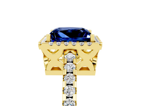 Yellow gold Princess Cut Blue Sapphire Halo Engagement Ring with Pavé Band and Prong Setting_17