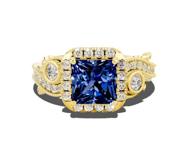 Yellow gold Princess Cut Blue Sapphire Halo Ring with Milgrain Pavé Band and Four-Prong Setting