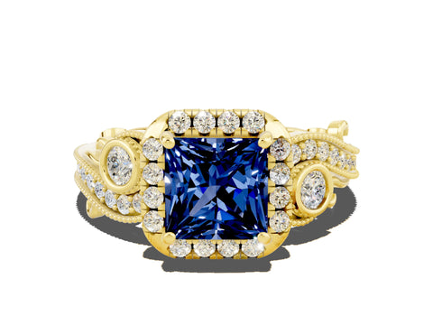 Yellow gold Princess Cut Blue Sapphire Halo Ring with Milgrain Pavé Band and Four-Prong Setting_12