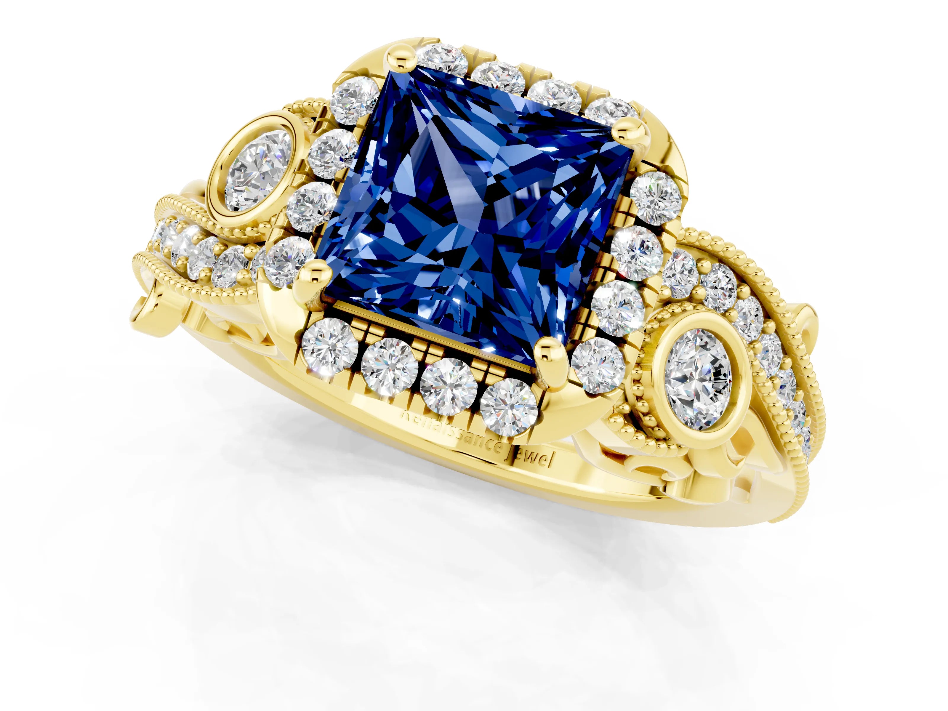 Yellow gold Princess Cut Blue Sapphire Halo Ring with Milgrain Pavé Band and Four-Prong Setting_13