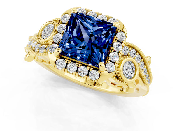 Yellow gold Princess Cut Blue Sapphire Halo Ring with Milgrain Pavé Band and Four-Prong Setting