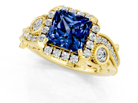 Yellow gold Princess Cut Blue Sapphire Halo Ring with Milgrain Pavé Band and Four-Prong Setting_13