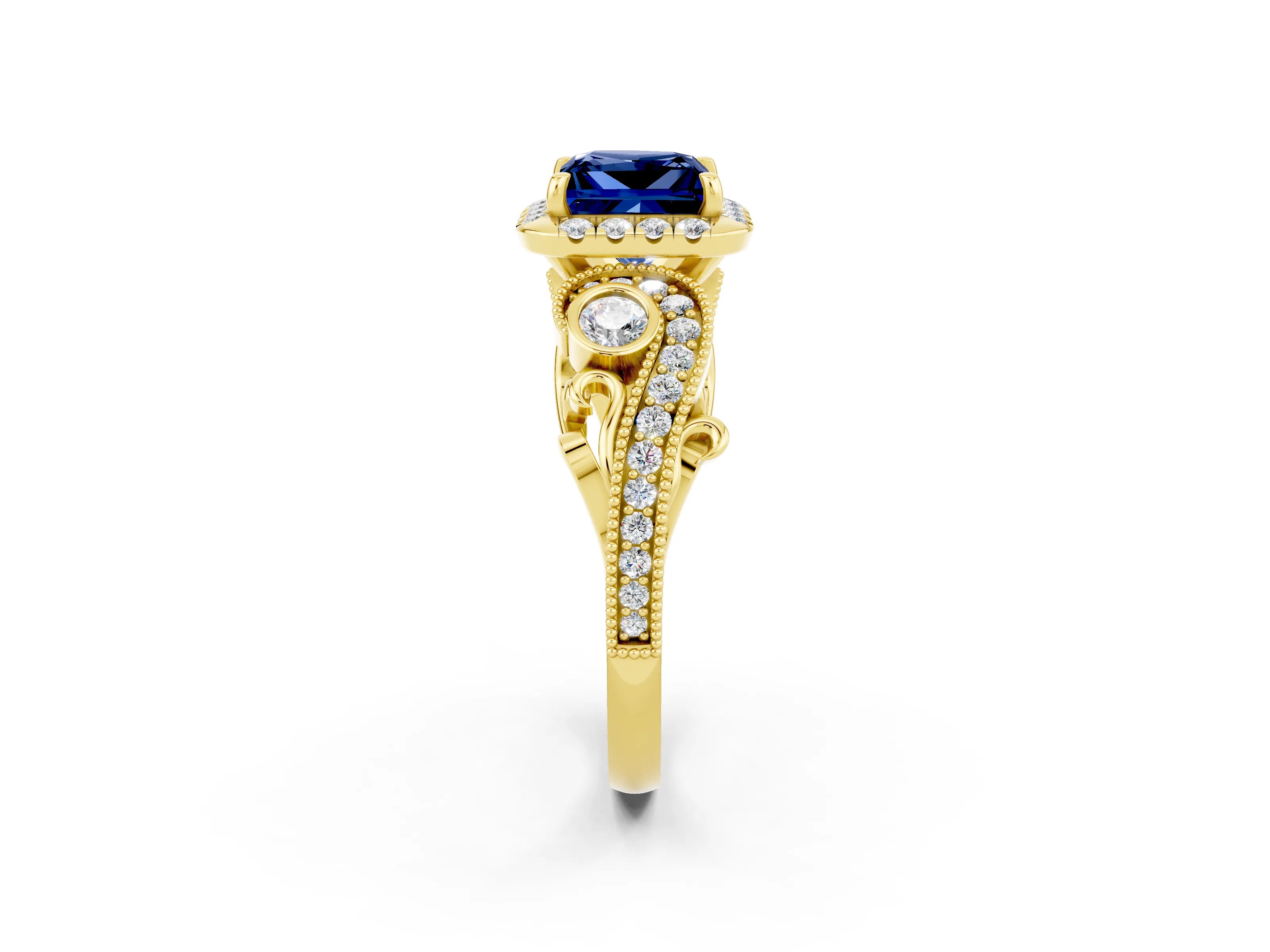 Yellow gold Princess Cut Blue Sapphire Halo Ring with Milgrain Pavé Band and Four-Prong Setting_14