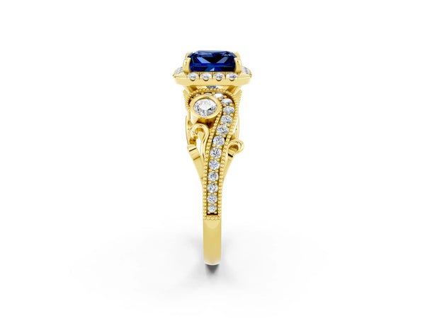 Yellow gold Princess Cut Blue Sapphire Halo Ring with Milgrain Pavé Band and Four-Prong Setting