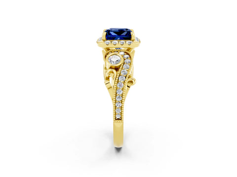 Yellow gold Princess Cut Blue Sapphire Halo Ring with Milgrain Pavé Band and Four-Prong Setting_14
