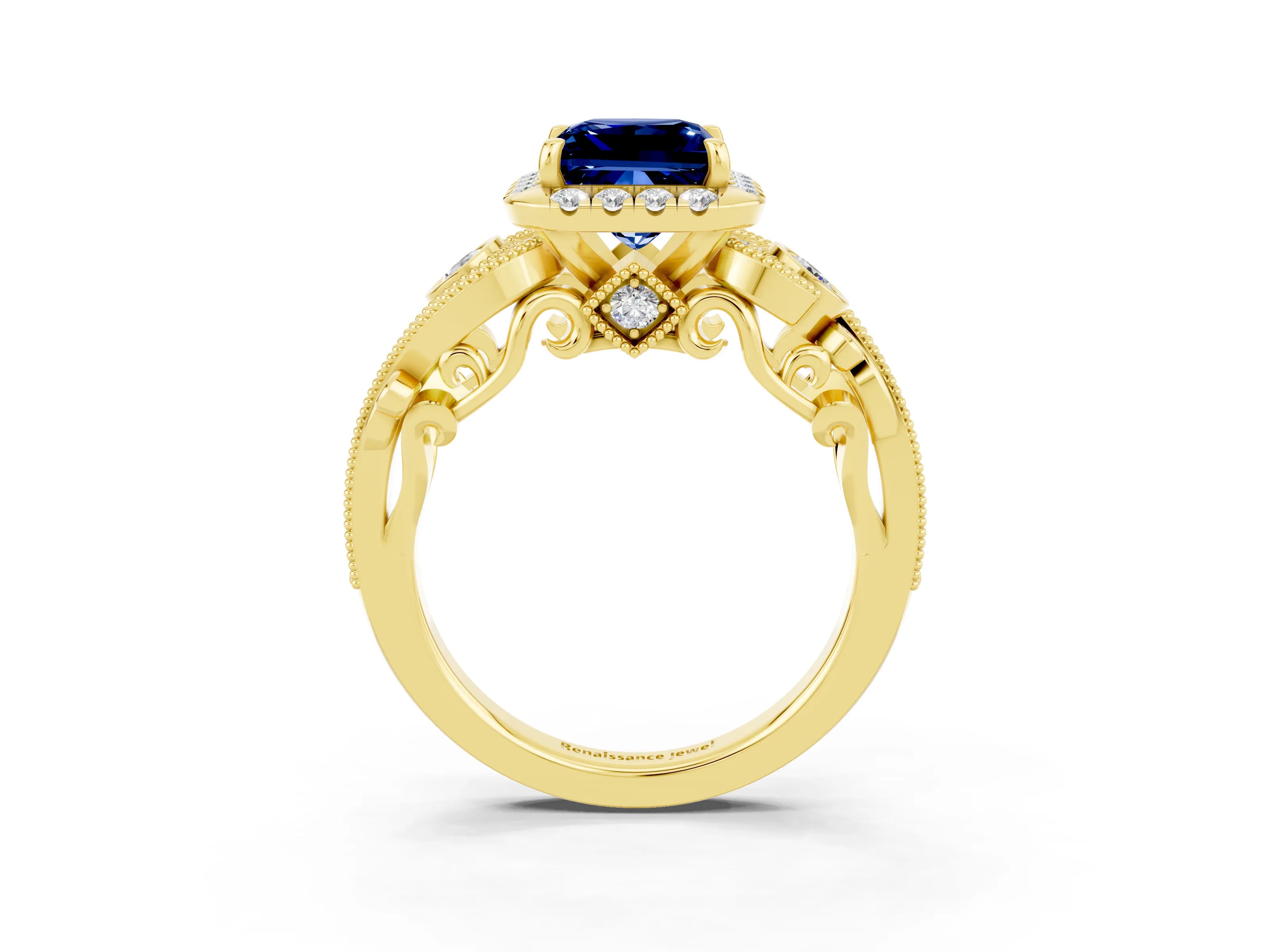 Yellow gold Princess Cut Blue Sapphire Halo Ring with Milgrain Pavé Band and Four-Prong Setting_15