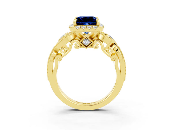 Yellow gold Princess Cut Blue Sapphire Halo Ring with Milgrain Pavé Band and Four-Prong Setting