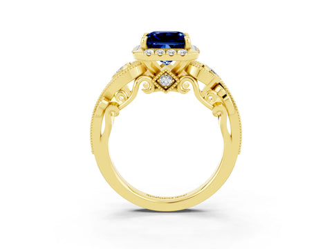 Yellow gold Princess Cut Blue Sapphire Halo Ring with Milgrain Pavé Band and Four-Prong Setting_15