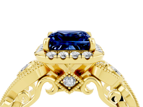 Yellow gold Princess Cut Blue Sapphire Halo Ring with Milgrain Pavé Band and Four-Prong Setting_16