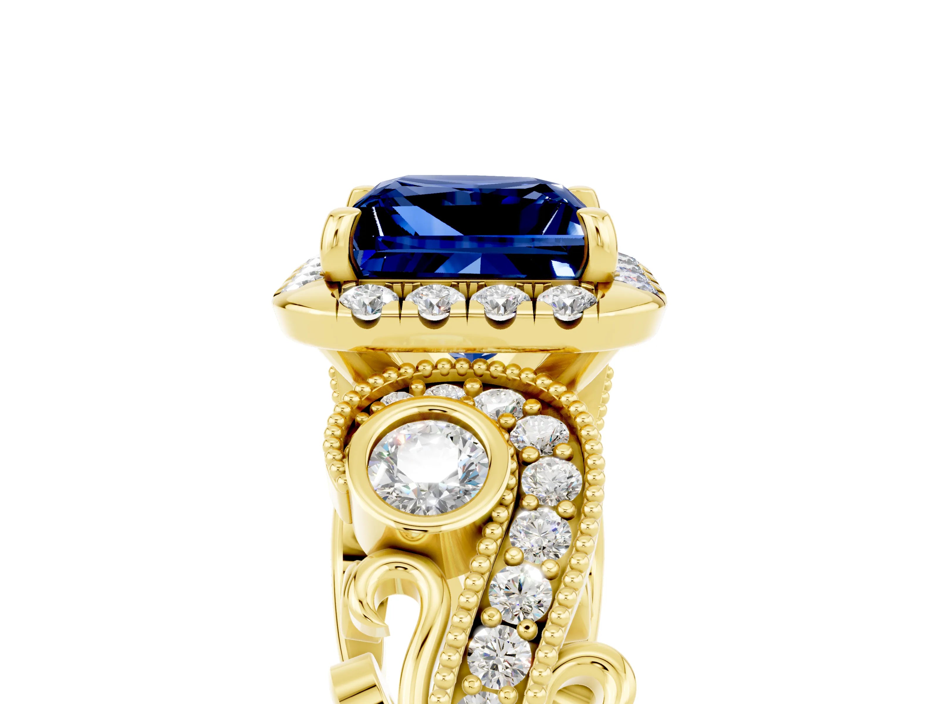 Yellow gold Princess Cut Blue Sapphire Halo Ring with Milgrain Pavé Band and Four-Prong Setting_17