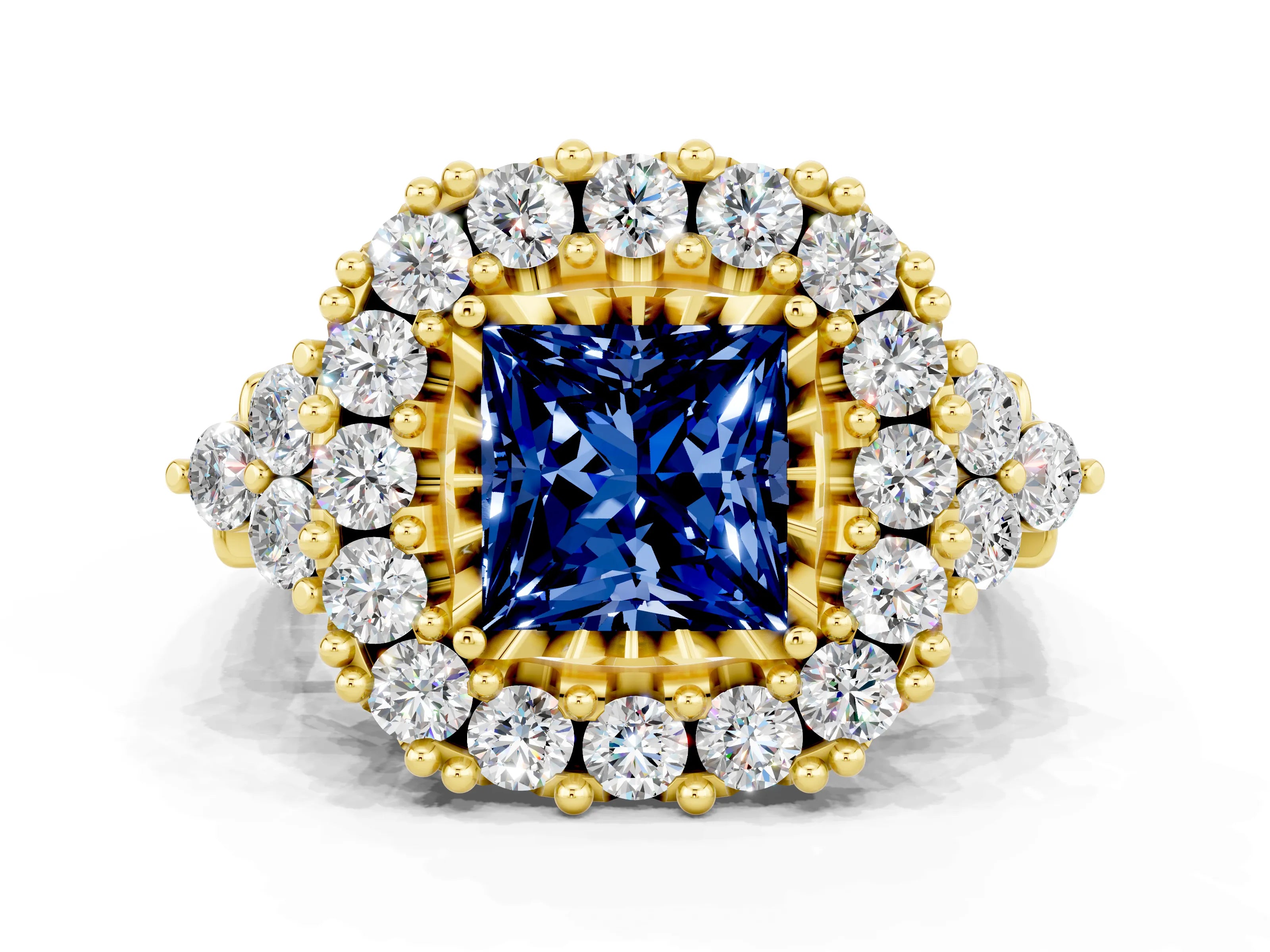 Yellow gold Princess Cut Blue Sapphire Halo Ring with Pavé Band and Four-Prong Setting_12