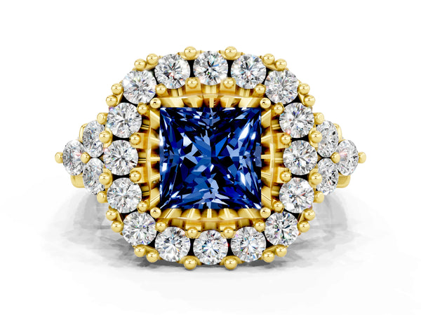 Yellow gold Princess Cut Blue Sapphire Halo Ring with Pavé Band and Four-Prong Setting