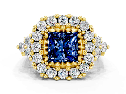 Yellow gold Princess Cut Blue Sapphire Halo Ring with Pavé Band and Four-Prong Setting_12