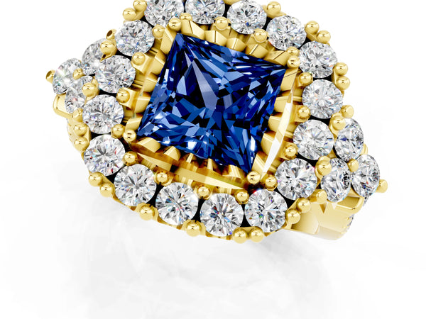Yellow gold Princess Cut Blue Sapphire Halo Ring with Pavé Band and Four-Prong Setting