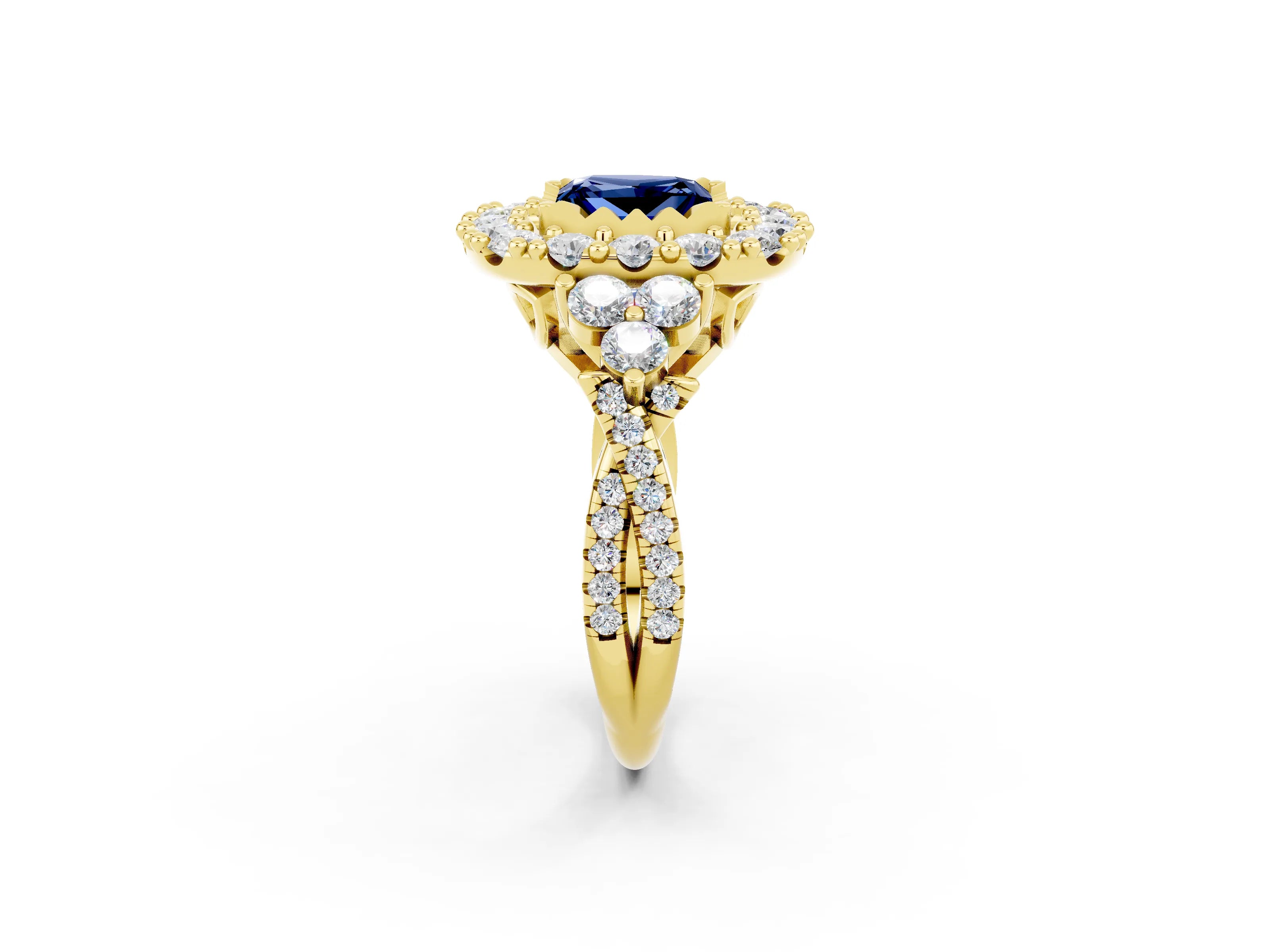 Yellow gold Princess Cut Blue Sapphire Halo Ring with Pavé Band and Four-Prong Setting_14