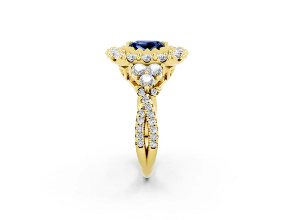 Yellow gold Princess Cut Blue Sapphire Halo Ring with Pavé Band and Four-Prong Setting