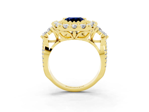 Yellow gold Princess Cut Blue Sapphire Halo Ring with Pavé Band and Four-Prong Setting