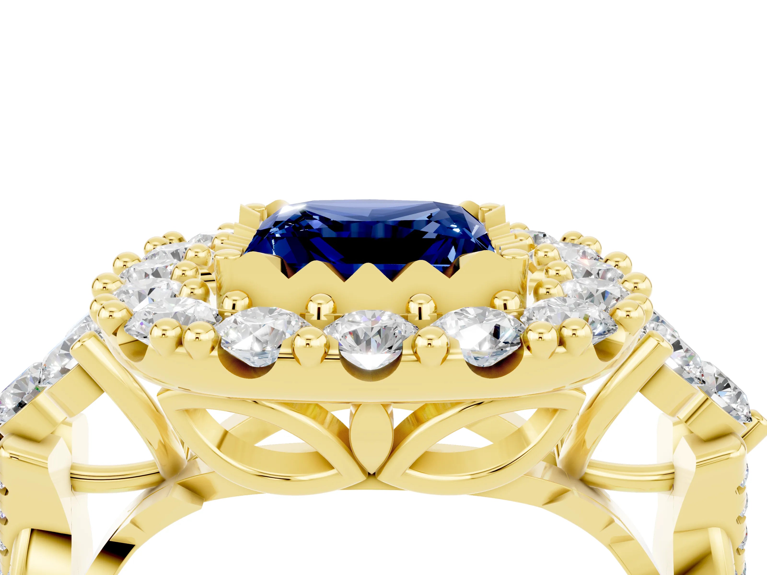 Yellow gold Princess Cut Blue Sapphire Halo Ring with Pavé Band and Four-Prong Setting_16