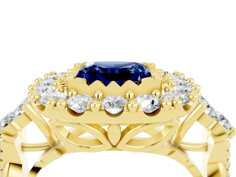 Yellow gold Princess Cut Blue Sapphire Halo Ring with Pavé Band and Four-Prong Setting_16